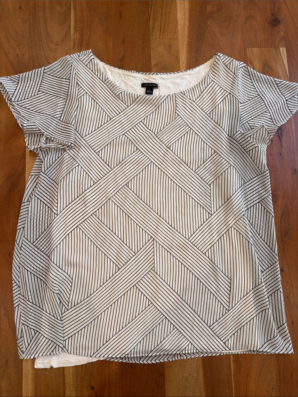 Ann Taylor Cream Top with Black Geometric Stripe Pattern